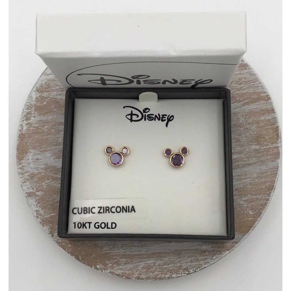 Disney Mickey Mouse Earrings 10kt Gold Purple Cubic Zirconia February Birthstone